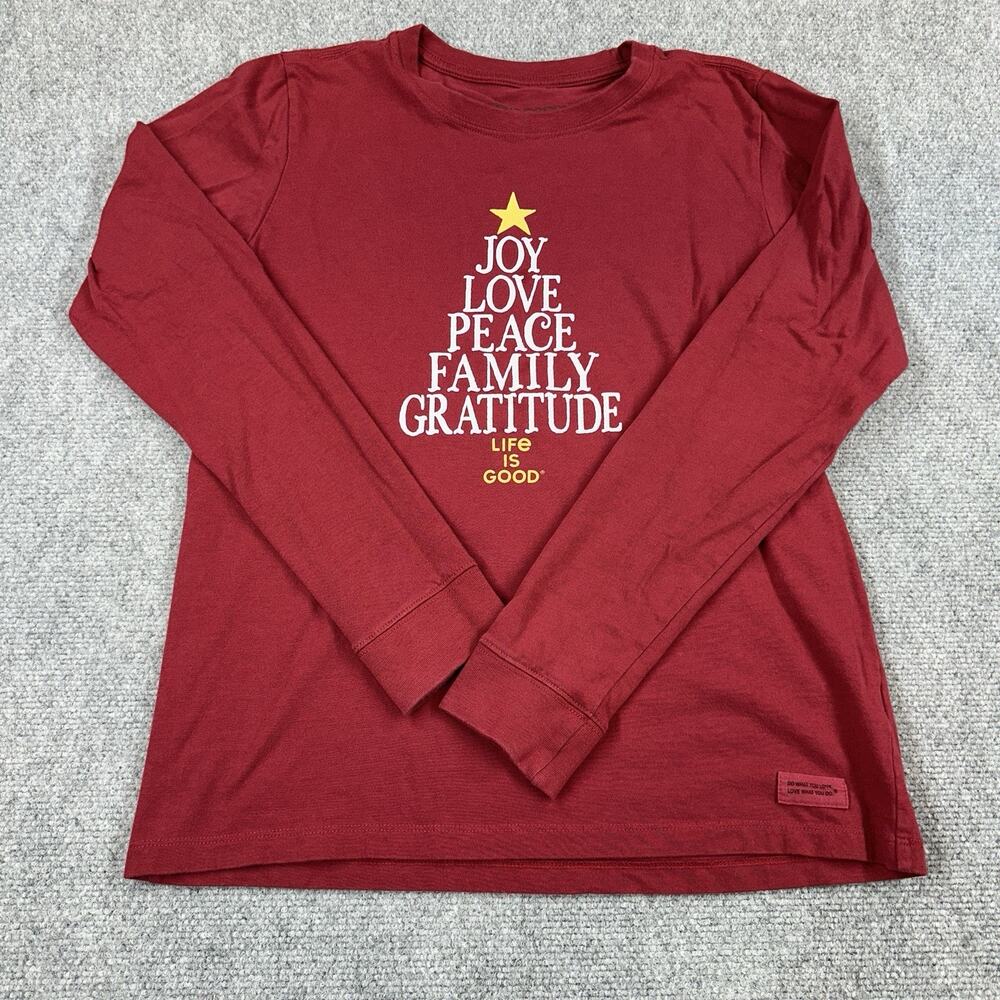 Life Is Good Crusher Tee Womens Small Red Christmas Tree Joy Love LS T Shirt